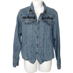 Vtg Denim Snap Front Shirt M Collared Floral Embroidered Beaded Blue Black